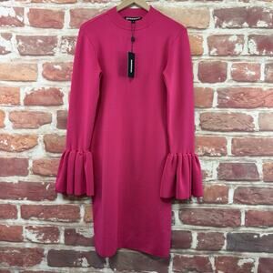 Chaouiche Dress Women's M Pink Ponte Knit Mock Neck Stretchy Long Bell Sleeves
